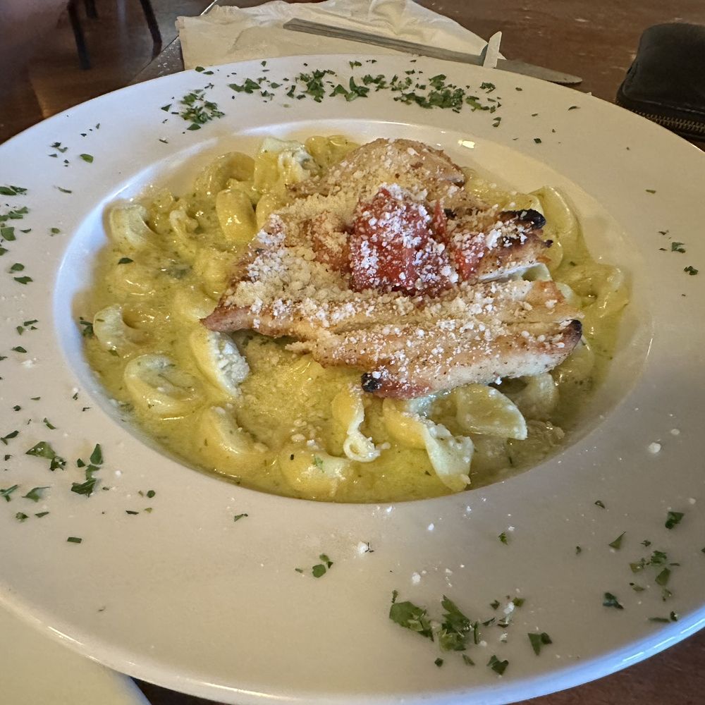 Basil pesto over tortellini with chicken Basil pesto over tortellini with chicken