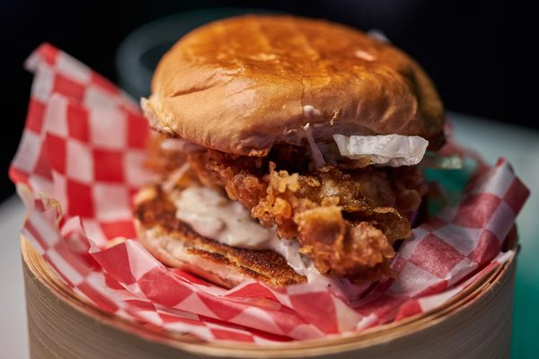 Photo of Cold Tea - Toronto, ON, CA. tempura mcfly: chicken tempura, tartar sauce, green sauce, iceberg lettuce, wonderbun