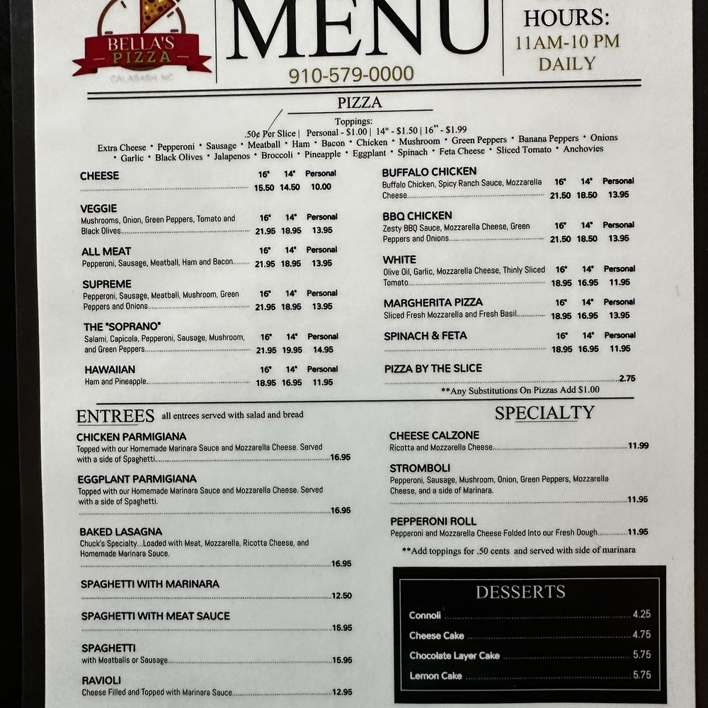 Bella's New York Pizza - menu - Pizza Near Me - Calabash, North Carolina Bella's New York Pizza - menu - Pizza Near Me - Calabash, North Carolina