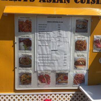 Mary's Asian Cuisine - Menu board, though more options posted closer to window. - Food Trucks Near Me - Beulah, Michigan Mary's Asian Cuisine - Menu board, though more options posted closer to window. - Food Trucks Near Me - Beulah, Michigan