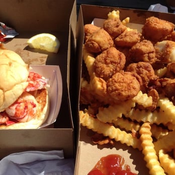 The Clam Shack - The "cold" lobster roll and the fried scallop box with fries and cole slaw. - Seafood Near Me - Kennebunk, Maine