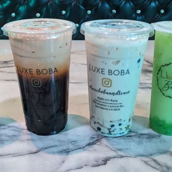 Luxe Boba - Left to right Matcha me, thaiger, mango tango, green lantern - Coffee & Tea Near Me - San Diego, California Luxe Boba - Left to right Matcha me, thaiger, mango tango, green lantern - Coffee & Tea Near Me - San Diego, California