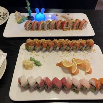 Q Sushi & Grill - Shaggy Dog, I fly roll, and rainbow roll with escolar and smoked salmon. - Sushi Bars Near Me - Schertz, Texas Q Sushi & Grill - Shaggy Dog, I fly roll, and rainbow roll with escolar and smoked salmon. - Sushi Bars Near Me - Schertz, Texas