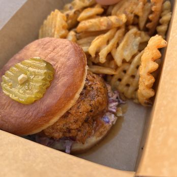DoughBird - Medium spicy chicken sandwich on a donut with waffle fries - Chicken Shop Near Me - Moab, Utah