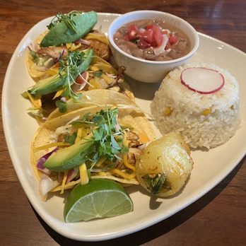 Sol Agave - Blackened mahi mahi tacos with a side of refried beans and rice - New Mexican Cuisine Near Me - Santa Monica, California