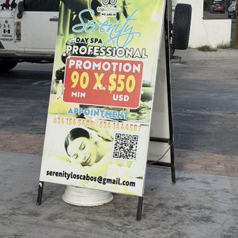 Serenity - Sign in front of business with pricing - Day Spas Near Me - Cabo San Lucas, BCS