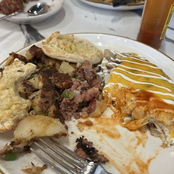 Home Kitchen - PBSC omelette SO bland and dry - had to drown in hot sauce Corned beef hash and Benedict in background - Breakfast & Brunch Near Me - Round Rock, Texas Home Kitchen - PBSC omelette SO bland and dry - had to drown in hot sauce Corned beef hash and Benedict in background - Breakfast & Brunch Near Me - Round Rock, Texas