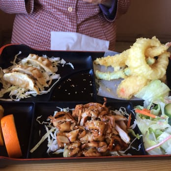Harumi Sushi - Bento Box (tempura, gyoza, and teriyaki chicken) - Sushi Bars Near Me - Seaside, California