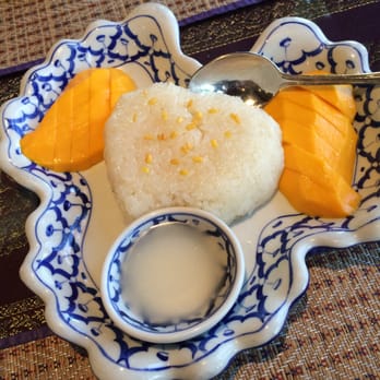 Lucky Elephant - Mango Sticky Rice. With extra syrup on side. Tastes like it is infused with gardenia. - Thai Near Me - Ontario, California Lucky Elephant - Mango Sticky Rice. With extra syrup on side. Tastes like it is infused with gardenia. - Thai Near Me - Ontario, California