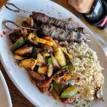Arabesque - Kufta (beef) with grilled vegetables. - Mediterranean Near Me - Columbia, South Carolina Arabesque - Kufta (beef) with grilled vegetables. - Mediterranean Near Me - Columbia, South Carolina