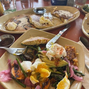 Snooze, an A.M. Eatery - Sweet potato mash & the pancake trio with a regular pancake, chocolate chip pancake and sweet potato pancake! - Breakfast & Brunch Near Me - Lone Tree, Colorado