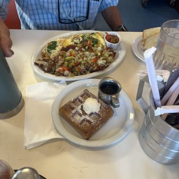 Esau's Cafe - Veggies omelet and personal waffle. We thought we were ordering a full one to share! So no one got to try it - Breakfast & Brunch Near Me - Carpinteria, California Esau's Cafe - Veggies omelet and personal waffle. We thought we were ordering a full one to share! So no one got to try it - Breakfast & Brunch Near Me - Carpinteria, California