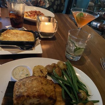 Seasons 52 - Cedar Plank-Roasted Salmon*Crab Polenta Wood-Grilled Shrimp and Grits Cucumber Basil Smash Strawberry Basil Infusion - Seafood Near Me - Buford, Georgia