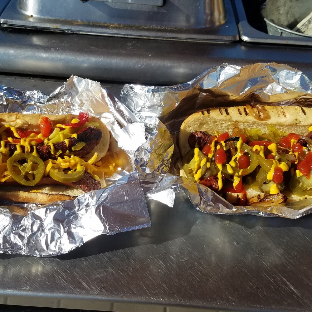 Denali Sausage - two hot dogs with mustard and ketchup - Food Stands Near Me - Anchorage, Alaska Denali Sausage - two hot dogs with mustard and ketchup - Food Stands Near Me - Anchorage, Alaska