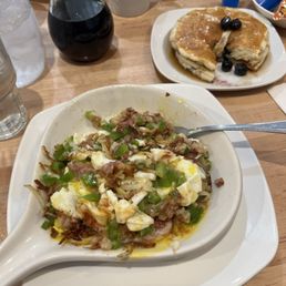 Hash skillet and blueberry pancakes