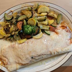 Los Reyes Mexican Grill - SHRIMP BURRITO: MARINATED SHRIMP, RICE, COVERED IN OUR SECRET SALSA AND MELTED CHEESE SERVED W/ GRILLED VEGETABLES