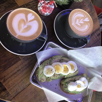Spectra Coffee - Left: Honey Lavender Latte. Right: Vanilla Bean Latte. Avocado Toast with a little Christmas table setting - Coffee & Tea Near Me - San Jose, California