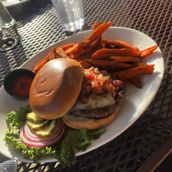 Red White & Brew - Jalapeno bacon jam burger with sweet potato fries - New American Near Me - Prescott, Arizona Red White & Brew - Jalapeno bacon jam burger with sweet potato fries - New American Near Me - Prescott, Arizona