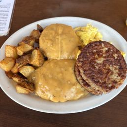 Chorizo Biscuit with Gravy with sausage and scrambled eggs
