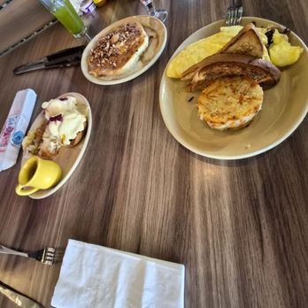 Snooze, an A.M. Eatery - Protein Trio Omelet* Bella! Bella! Benny* Cinnamon Roll Pancakes* Super Greens* Strawberry Lavender Lemonade* - Breakfast & Brunch Near Me - Las Vegas, Nevada