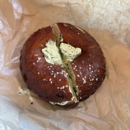 Pretzel bagel with garlic herb cream cheese