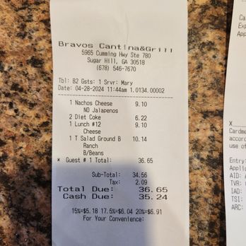 Bravo's Cantina and Grill - Receipt - Mexican Near Me - Sugar Hill, Georgia Bravo's Cantina and Grill - Receipt - Mexican Near Me - Sugar Hill, Georgia
