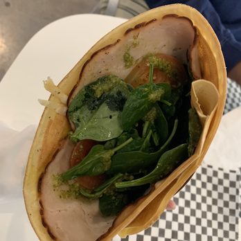Les Bobos Crepes - Turkey, Gruyere, Spinach, Tomato, Basil, Pesto ($9.50) Very filled! - Creperies Near Me - Austin, Texas