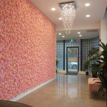 TP Tea - Inside the store - The interior features a large pink floral wall made of numerous small roses, with ceiling lights and a decorative chandelier hanging from the ceiling. The floor is tiled, and there are potted plants near the entrance. A pink bench is visible on the right side, and glass blocks form part of the entrance area. The overall setting appears to be a reception or waiting area of a business. - Donuts Near Me - Nepean, Ontario