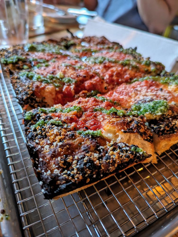 Emmy Squared Pizza - Durham - MVP small pizza (8x10). $18. Housemade vodka sauce, red sauce, parsley pesto, sesame seed crust. - pesto, food, bbq ribs, parsley pesto, parsley, ribs - Pizza Near Me - Durham, North Carolina Emmy Squared Pizza - Durham - MVP small pizza (8x10). $18. Housemade vodka sauce, red sauce, parsley pesto, sesame seed crust. - pesto, food, bbq ribs, parsley pesto, parsley, ribs - Pizza Near Me - Durham, North Carolina