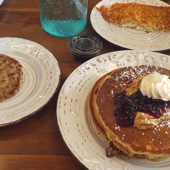 Huntley's Place - PB&J pancakes with sides. The sides were taken home later on :) - Breakfast & Brunch Near Me - Virginia Beach, Virginia Huntley's Place - PB&J pancakes with sides. The sides were taken home later on :) - Breakfast & Brunch Near Me - Virginia Beach, Virginia