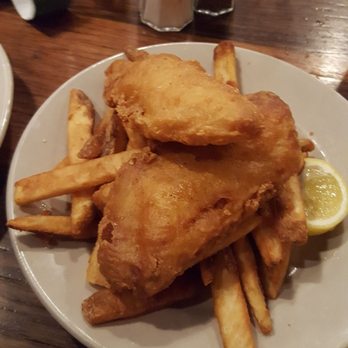 Upland Brewing Co. Bloomington Brewpub - Fish and chips. The fish needed to be salted before dipped in the batter. Because the fish wasn't salted, it was wet and crispy. Hmmm - Brewpubs Near Me - Bloomington, Indiana