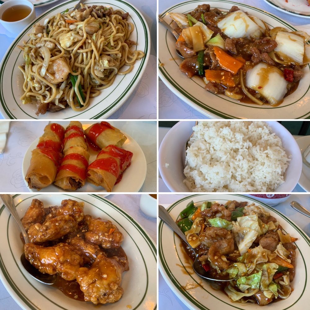 Clockwise from top left: House Chow Mein, Beef a La Hunan, Steamed Rice, Twiced Cooked Pork, Hot and Dried Chicken, Spring Roll. Clockwise from top left: House Chow Mein, Beef a La Hunan, Steamed Rice, Twiced Cooked Pork, Hot and Dried Chicken, Spring Roll.