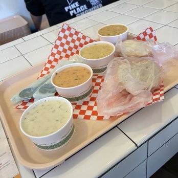 Pike Place Chowder - Bar area, New England Clam Chowder, Seafood Bisque, Market Chowder, Smoked Salmon Chowder - Seafood Near Me - Seattle, Washington