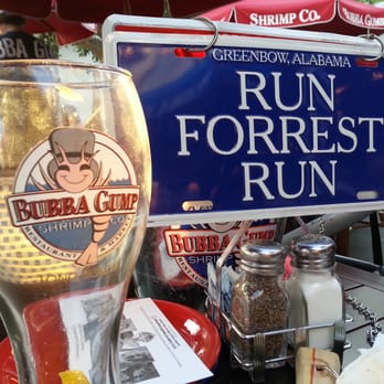 Bubba Gump Shrimp - Run Forest Run sign to let the staff know that you are good and dont need anything right away. And their glass beer mug - Seafood Near Me - Long Beach, California