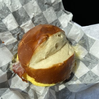 swissbakers - Bacon, Egg & Cheese on a pretzel roll - Bakeries Near Me - Allston, Massachusetts
