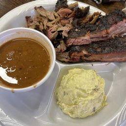 Pulled pork ribs potato salad and beans Pulled pork ribs potato salad and beans