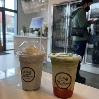 Egghead Sando Cafe - Black sesame milk, Strawberry Matcha Latte - Fast Food Near Me - Santa Clara, California