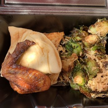 The Chicken Koop - 1/4 white rotisserie chicken, brussel sprouts, with naan bread. Yum! - New American Near Me - Whittier, California