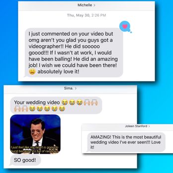 Salty Trades Media - Personal text messages from family and friends who I easily sent the wedding video via text. - Video/Film Production Near Me Salty Trades Media - Personal text messages from family and friends who I easily sent the wedding video via text. - Video/Film Production Near Me