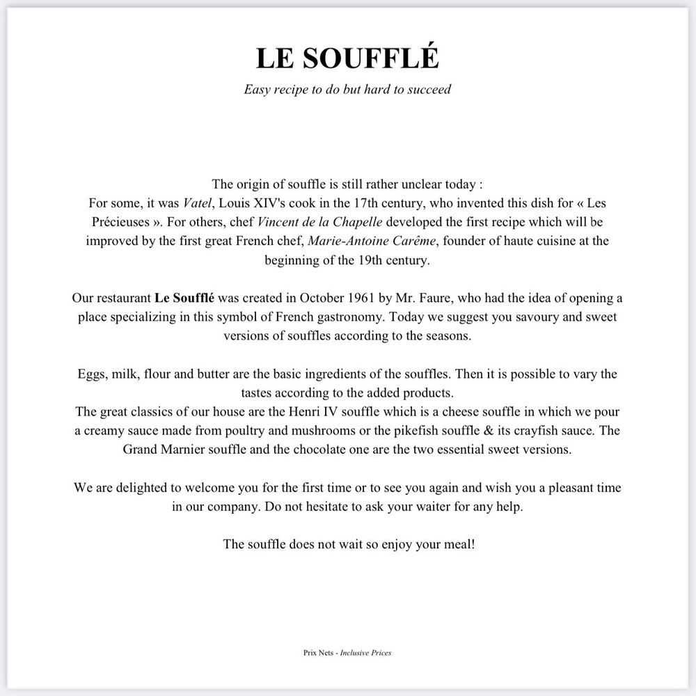 Le Soufflé - Menu September 2022 - French Near Me - Paris, 75