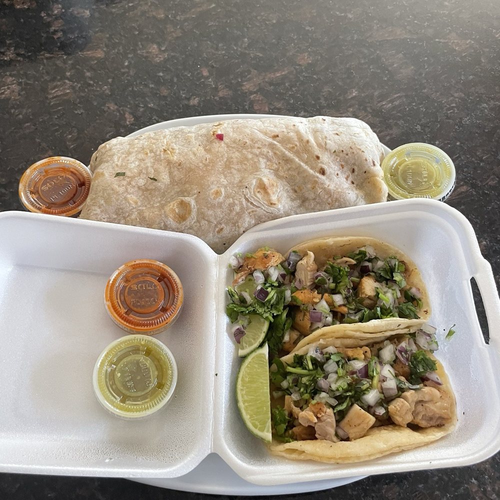 Classic Burrito - Pollo (Chicken) and chicken tacos.
