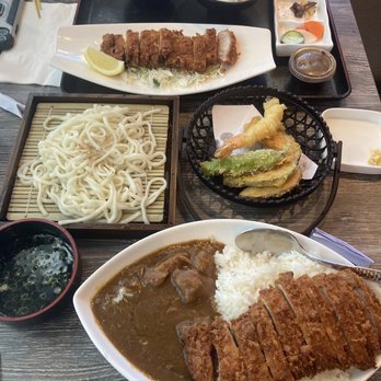 Leichi - Tonkatsu bento at the top; cold Udon with Tempora in the middle; and Tonkatsu Curry rice at the bottom. - Japanese Near Me - Santa Clara, California