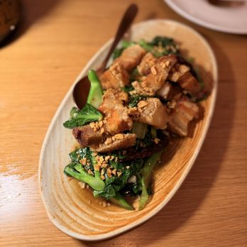 Thai Favorite Cuisine - Crispy pork with Chinese broccoli - Thai Near Me - Tustin, California Thai Favorite Cuisine - Crispy pork with Chinese broccoli - Thai Near Me - Tustin, California