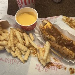 Chili Cheese Dog with Fries and Side of Cheese Sauce Chili Cheese Dog with Fries and Side of Cheese Sauce