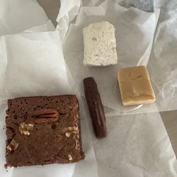 Indulge Sweets - Brownie, peanut butter fudge, divinity, lone orange stick (the rest didn't make it out of the parking lot!)