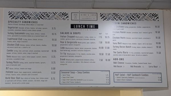 Menu photo 1 Gino's Java Sacramento, CA