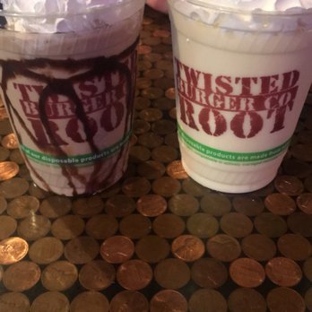Twisted Root Burger - My boozy baileys and chocolate shake is on the left. - Burgers Near Me - San Angelo, Texas