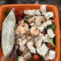 Greek salad with chicken and shrimp. So fresh and good.