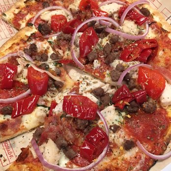 MOD Pizza - My customized meaty pizza with red sauce, mozzarella, parmesan, pepperoni, bacon, chicken, meatballs, cherry peppers, onions, and oregano! - Fast Food Near Me - Lancaster, Pennsylvania