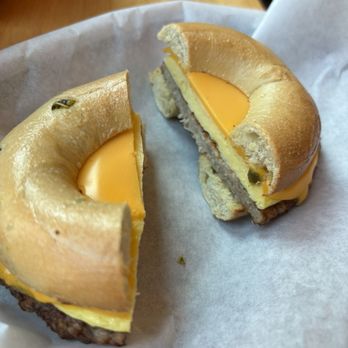 Ozark Mountain Bagel - Jalapeño bagel with sausage, egg, and cheese. - Breakfast & Brunch Near Me - Bentonville, Arkansas Ozark Mountain Bagel - Jalapeño bagel with sausage, egg, and cheese. - Breakfast & Brunch Near Me - Bentonville, Arkansas